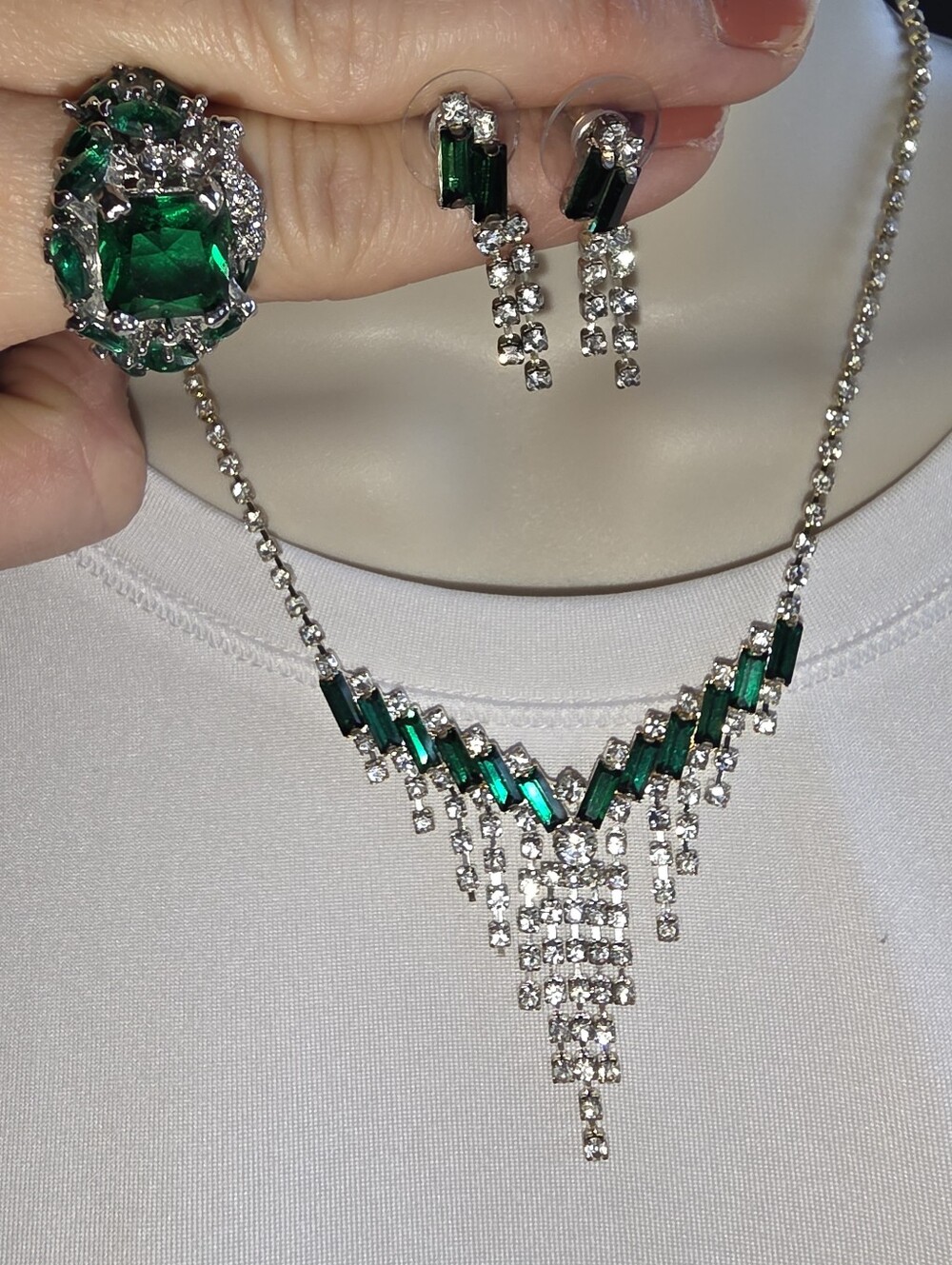 Emerald Green Crystal Necklace, Earrings & Ring Set